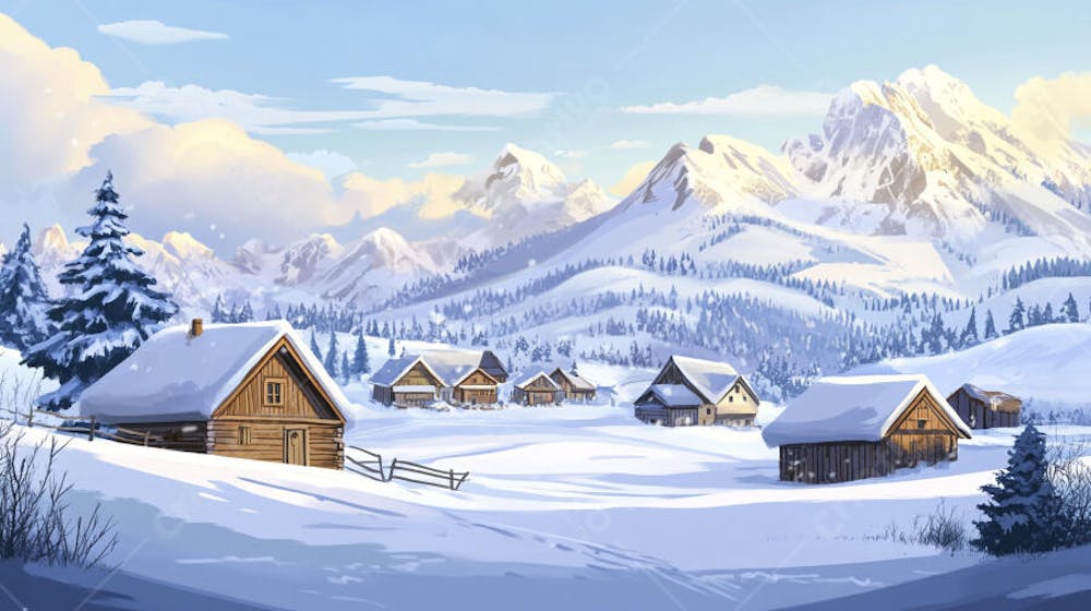 Ilustração Digital de Vila Alpina Coberta de Neve com Casas de Madeira e Montanhas ao Fundo em Estilo Cartoon