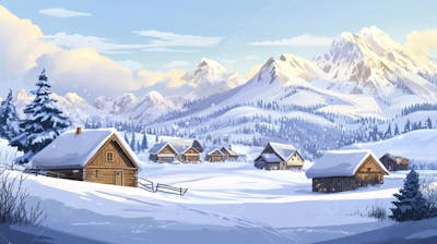 Ilustração Digital de Vila Alpina Coberta de Neve com Casas de Madeira e Montanhas ao Fundo em Estilo Cartoon
