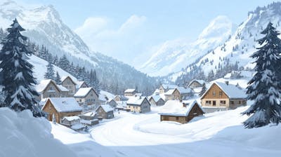 Ilustração Digital de Vila Alpina Coberta de Neve com Casas de Madeira e Montanhas ao Fundo em Estilo Cartoon