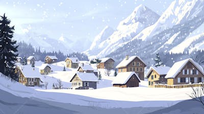 Ilustração Digital de Vila Alpina Coberta de Neve com Casas de Madeira e Montanhas ao Fundo em Estilo Cartoon