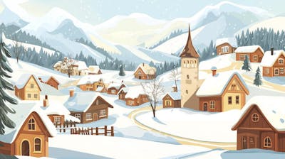 Ilustração Digital de Vila Alpina Coberta de Neve com Casas de Madeira e Montanhas ao Fundo em Estilo Cartoon