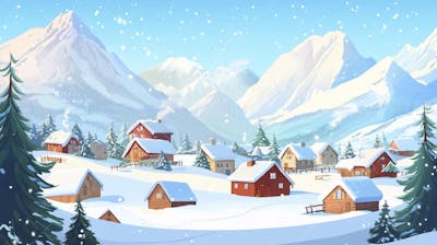 Ilustração Digital de Vila Alpina Coberta de Neve com Casas de Madeira e Montanhas ao Fundo em Estilo Cartoon