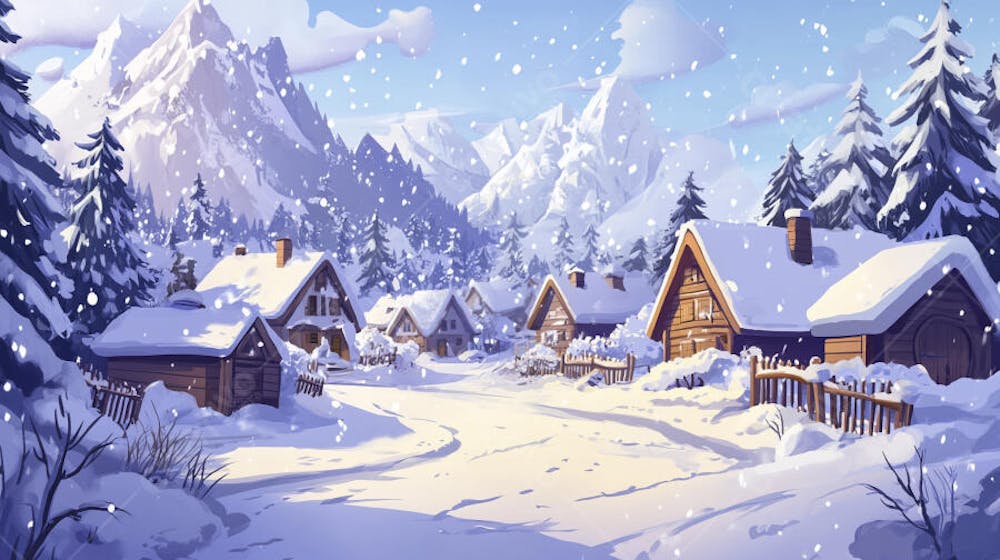 Ilustração Digital de Vila Alpina Coberta de Neve com Casas de Madeira e Montanhas ao Fundo em Estilo Cartoon