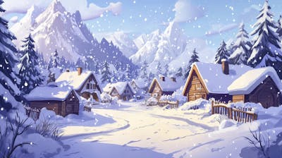 Ilustração Digital de Vila Alpina Coberta de Neve com Casas de Madeira e Montanhas ao Fundo em Estilo Cartoon