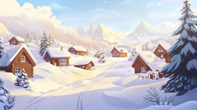 Ilustração Digital de Vila Alpina Coberta de Neve com Casas de Madeira e Montanhas ao Fundo em Estilo Cartoon