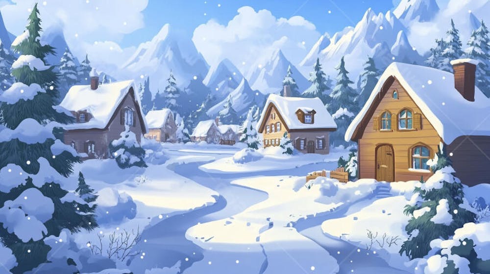 Ilustração Digital de Vila Alpina Coberta de Neve com Casas de Madeira e Montanhas ao Fundo em Estilo Cartoon