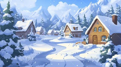 Ilustração Digital de Vila Alpina Coberta de Neve com Casas de Madeira e Montanhas ao Fundo em Estilo Cartoon
