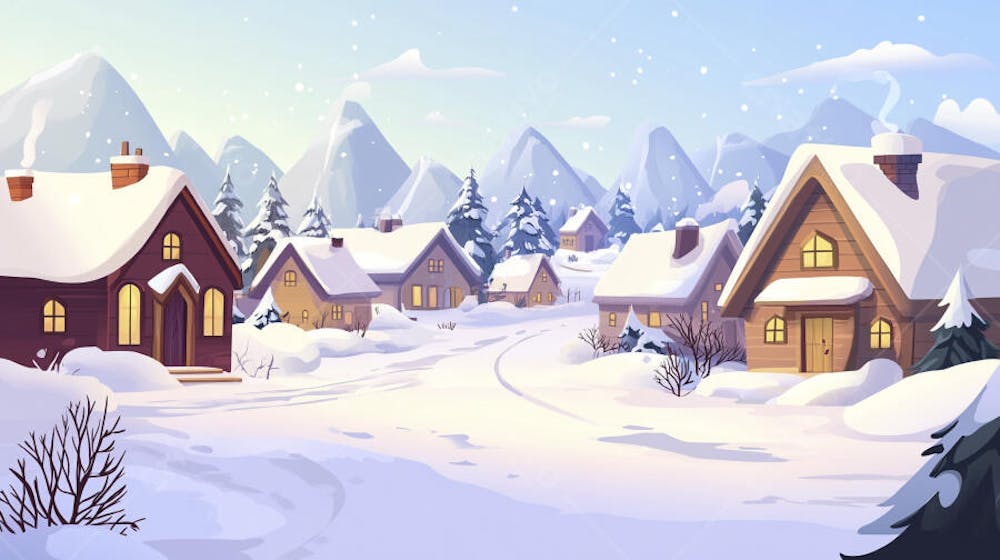 Ilustração Digital de Vila Alpina Coberta de Neve com Casas de Madeira e Montanhas ao Fundo em Estilo Cartoon