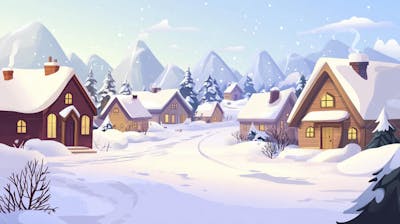 Ilustração Digital de Vila Alpina Coberta de Neve com Casas de Madeira e Montanhas ao Fundo em Estilo Cartoon
