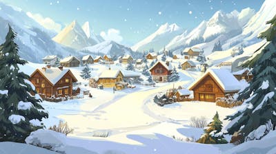 Ilustração Digital de Vila Alpina Coberta de Neve com Casas de Madeira e Montanhas ao Fundo em Estilo Cartoon
