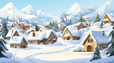 Ilustração Digital de Vila Alpina Coberta de Neve com Casas de Madeira e Montanhas ao Fundo em Estilo Cartoon