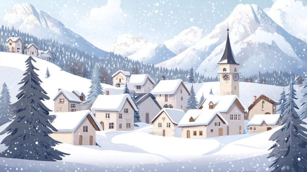 Ilustração Digital de Vila Alpina Coberta de Neve com Casas de Madeira e Montanhas ao Fundo em Estilo Cartoon