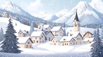 Ilustração Digital de Vila Alpina Coberta de Neve com Casas de Madeira e Montanhas ao Fundo em Estilo Cartoon