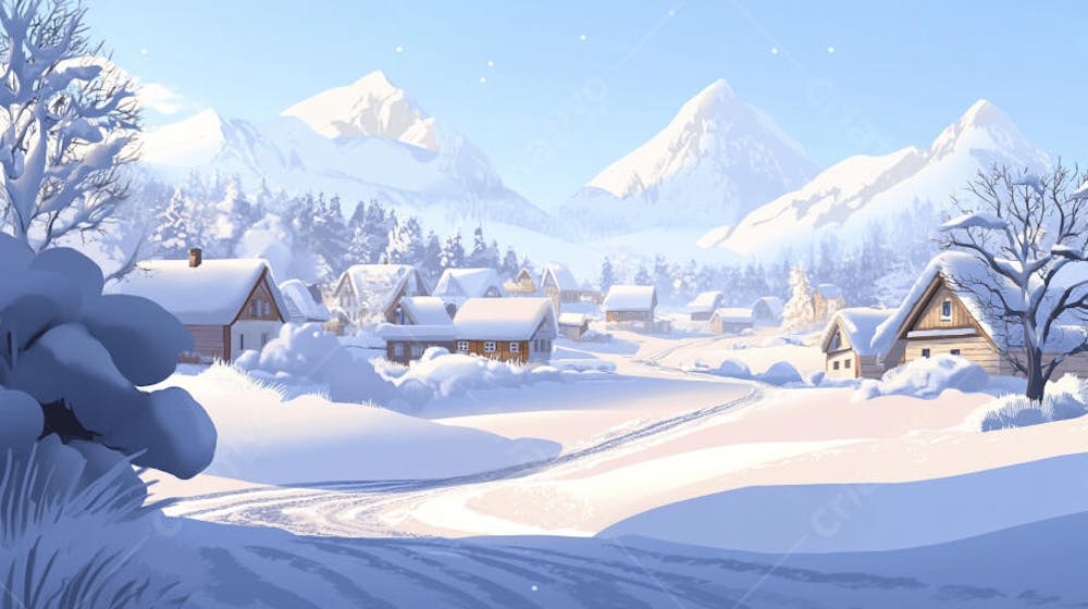 Ilustração Digital de Vila Alpina Coberta de Neve com Casas de Madeira e Montanhas ao Fundo em Estilo Cartoon