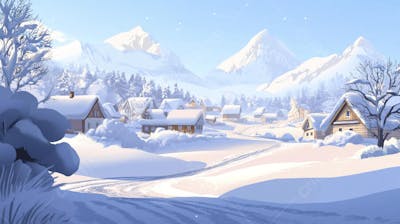 Ilustração Digital de Vila Alpina Coberta de Neve com Casas de Madeira e Montanhas ao Fundo em Estilo Cartoon