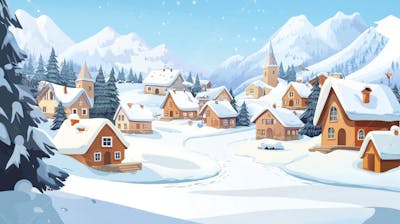 Ilustração Digital de Vila Alpina Coberta de Neve com Casas de Madeira e Montanhas ao Fundo em Estilo Cartoon