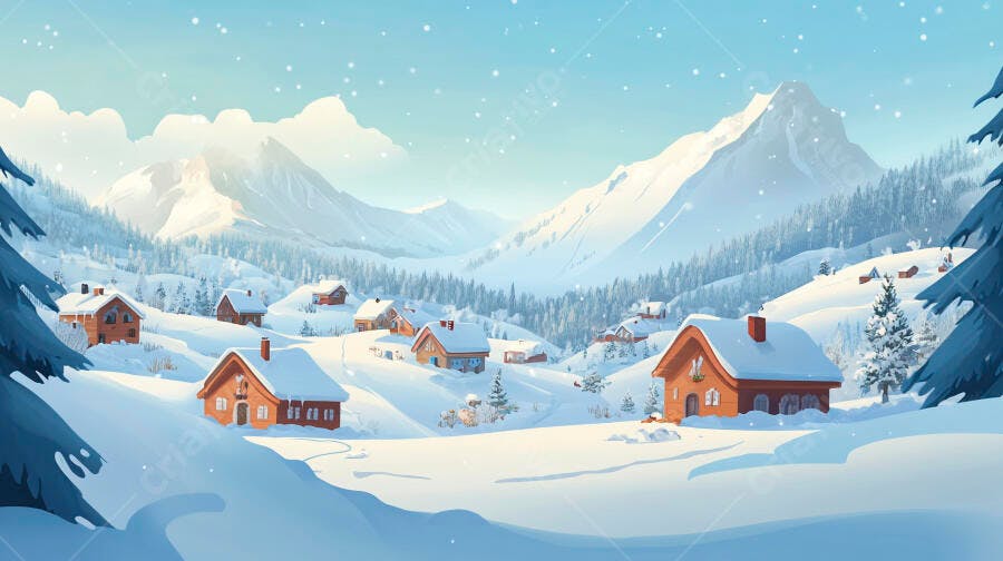 Casas de madeira na montanha nevada