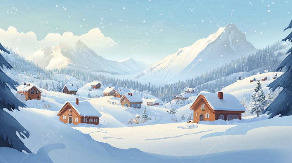 Ilustração Digital de Vila Alpina Coberta de Neve com Casas de Madeira e Montanhas ao Fundo em Estilo Cartoon