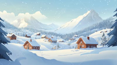Ilustração Digital de Vila Alpina Coberta de Neve com Casas de Madeira e Montanhas ao Fundo em Estilo Cartoon