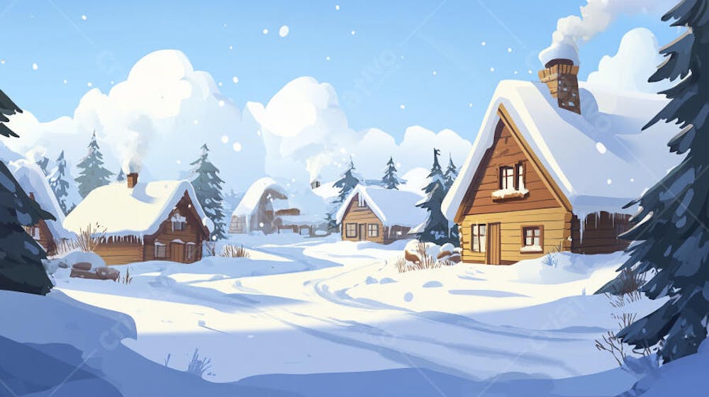 Ilustração Digital de Vila Alpina Coberta de Neve com Casas de Madeira e Montanhas ao Fundo em Estilo Cartoon