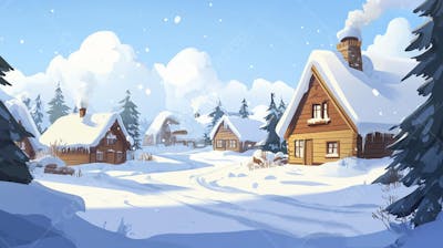 Ilustração Digital de Vila Alpina Coberta de Neve com Casas de Madeira e Montanhas ao Fundo em Estilo Cartoon