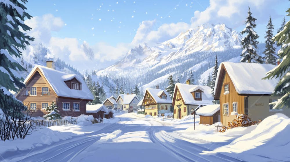 Ilustração Digital de Vila Alpina Coberta de Neve com Casas de Madeira e Montanhas ao Fundo em Estilo Cartoon