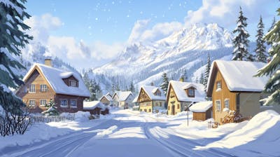 Ilustração Digital de Vila Alpina Coberta de Neve com Casas de Madeira e Montanhas ao Fundo em Estilo Cartoon