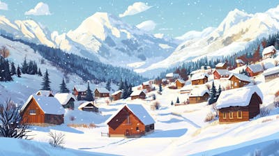 Ilustração Digital de Vila Alpina Coberta de Neve com Casas de Madeira e Montanhas ao Fundo em Estilo Cartoon