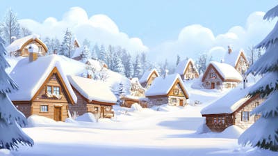 Ilustração Digital de Vila Alpina Coberta de Neve com Casas de Madeira e Montanhas ao Fundo em Estilo Cartoon