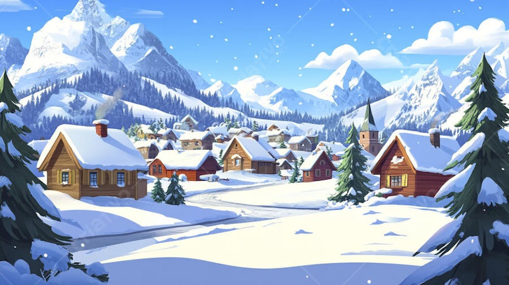 Ilustração Digital de Vila Alpina Coberta de Neve com Casas de Madeira e Montanhas ao Fundo em Estilo Cartoon