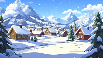 Ilustração Digital de Vila Alpina Coberta de Neve com Casas de Madeira e Montanhas ao Fundo em Estilo Cartoon