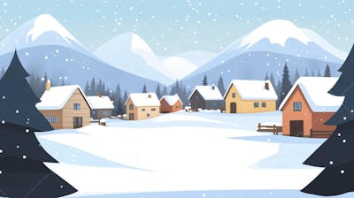 Ilustração Digital de Vila Alpina Coberta de Neve com Casas de Madeira e Montanhas ao Fundo em Estilo Cartoon