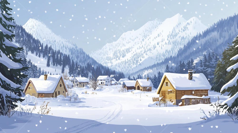 Ilustração Digital de Vila Alpina Coberta de Neve com Casas de Madeira e Montanhas ao Fundo em Estilo Cartoon