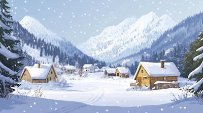 Ilustração Digital de Vila Alpina Coberta de Neve com Casas de Madeira e Montanhas ao Fundo em Estilo Cartoon