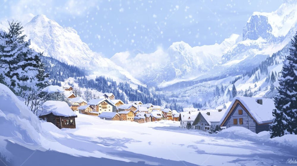 Ilustração Digital de Vila Alpina Coberta de Neve com Casas de Madeira e Montanhas ao Fundo em Estilo Cartoon