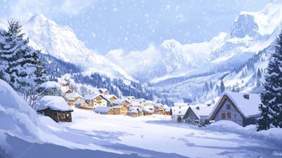 Ilustração Digital de Vila Alpina Coberta de Neve com Casas de Madeira e Montanhas ao Fundo em Estilo Cartoon