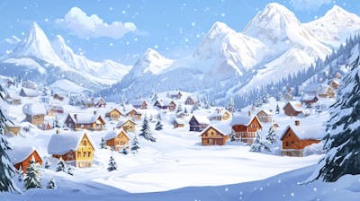 Ilustração Digital de Vila Alpina Coberta de Neve com Casas de Madeira e Montanhas ao Fundo em Estilo Cartoon
