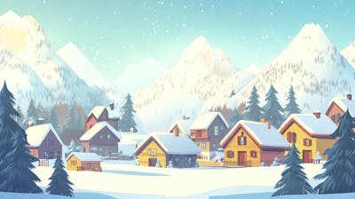 Ilustração Digital de Vila Alpina Coberta de Neve com Casas de Madeira e Montanhas ao Fundo em Estilo Cartoon