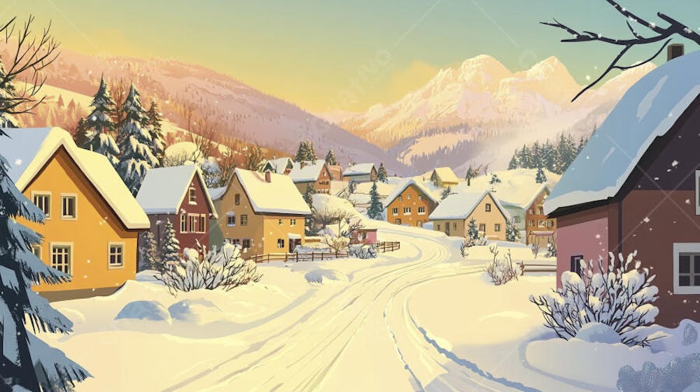 Ilustração Digital de Vila Alpina Coberta de Neve com Casas de Madeira e Montanhas ao Fundo em Estilo Cartoon