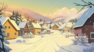 Ilustração Digital de Vila Alpina Coberta de Neve com Casas de Madeira e Montanhas ao Fundo em Estilo Cartoon