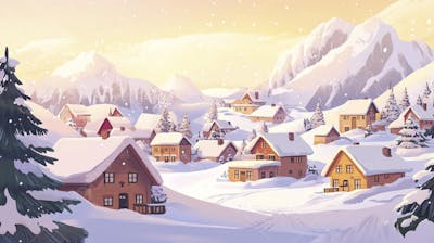 Ilustração Digital de Vila Alpina Coberta de Neve com Casas de Madeira e Montanhas ao Fundo em Estilo Cartoon
