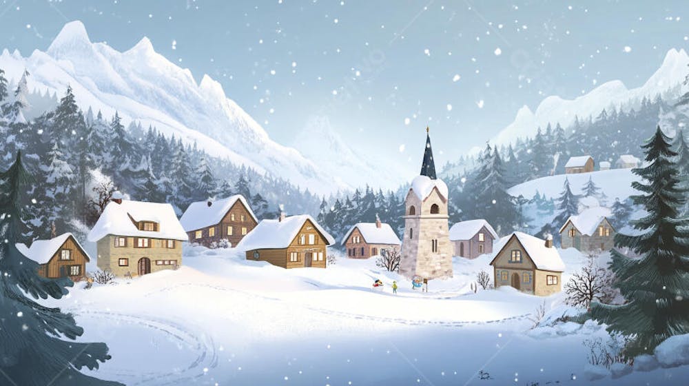Ilustração Digital de Vila Alpina Coberta de Neve com Casas de Madeira e Montanhas ao Fundo em Estilo Cartoon