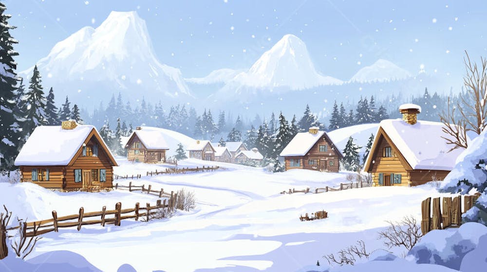 Ilustração Digital de Vila Alpina Coberta de Neve com Casas de Madeira e Montanhas ao Fundo em Estilo Cartoon