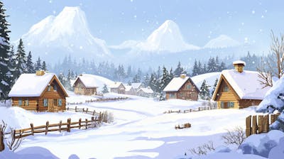 Ilustração Digital de Vila Alpina Coberta de Neve com Casas de Madeira e Montanhas ao Fundo em Estilo Cartoon