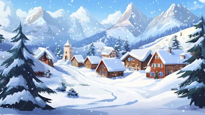 Ilustração Digital de Vila Alpina Coberta de Neve com Casas de Madeira e Montanhas ao Fundo em Estilo Cartoon