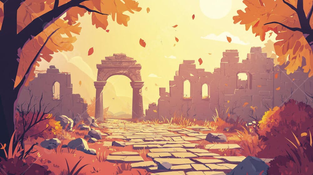 Ilustração Digital de Ruínas Antigas em Meio à Paisagem Outonal com Folhas Alaranjadas e Árvores em Estilo Cartoon