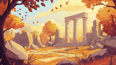 Ilustração Digital de Ruínas Antigas em Meio à Paisagem Outonal com Folhas Alaranjadas e Árvores em Estilo Cartoon