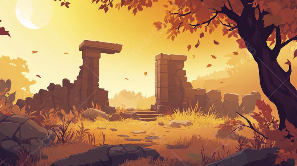 Ilustração Digital de Ruínas Antigas em Meio à Paisagem Outonal com Folhas Alaranjadas e Árvores em Estilo Cartoon