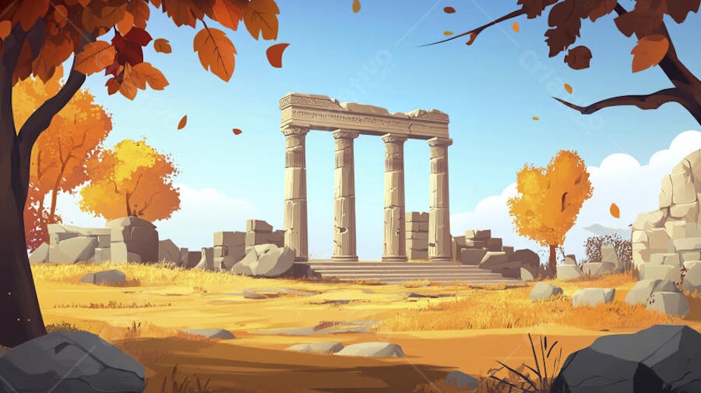 Ilustração Digital de Ruínas Antigas em Meio à Paisagem Outonal com Folhas Alaranjadas e Árvores em Estilo Cartoon