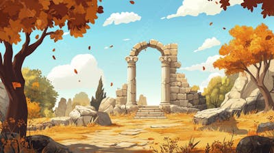 Ilustração Digital de Ruínas Antigas em Meio à Paisagem Outonal com Folhas Alaranjadas e Árvores em Estilo Cartoon